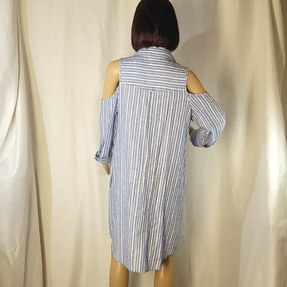Hope & Harlow Blue and White Stiped Linen Blend Shirt Dress, Women's Size 12 - Picture 2 of 8